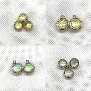 Iridescent Glass Crystal Round Pendant Alloy Metal Frame Gold Silver Charm For DIY Necklace Bracelet Jewelry Making Supplies