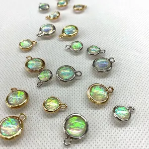 Natural opal stone round crystal pendants with gold and silver plated metal frames for DIY