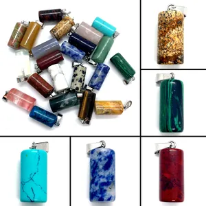 Natural Stone Cylinder Pendant With Metal Bail Polished Gemstone Charm For DIY Necklace Making Women Jewelry Accessory