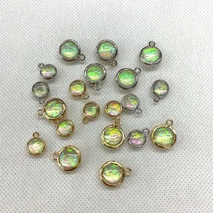 Iridescent 10-16mm opal style round pendants with gold and silver bezel for DIY jewelry