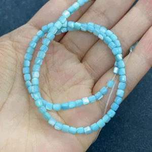 Light blue 3.5mm square natural shell beads with pearlescent finish for DIY jewelry