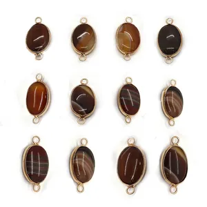 Oval Striped Agate Pendant Connector Gold Edged Natural Stone For DIY Jewelry Making Necklaces Earrings Jewelry Findings