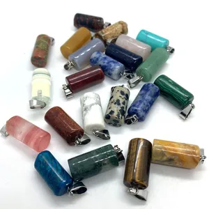 Set of cylindrical Tiger Eye and Malachite gemstone pendants with silver metal clasps