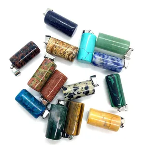 Various natural stone cylinder pendants including tiger eye and malachite with metal clasps