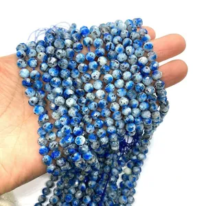 Faceted K2 stone beads strings with natural blue and grey mineral textures for DIY jewelry