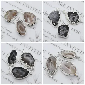 Irregular Natural Druzy Agate Stone Pendant Connector Alloy Silver Edging Geode Crystal DIY Jewelry Making Accessory