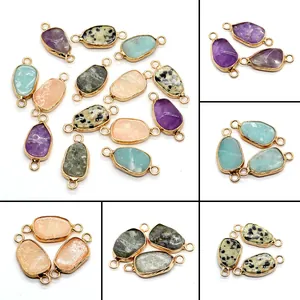 Natural Stone Amethyst Amazonite Pendant Connector With Gold Plated Edge Double Hole Irregular Shape For DIY Jewelry Making