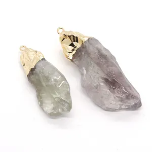 Irregular natural raw stone pendants with gold plated caps and rings for DIY jewelry