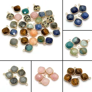Natural Stone Rhombus Faceted Pendant Gold Plated Alloy Edged Tiger Eye Rose Quartz Charms For DIY Jewelry Making Necklaces Women
