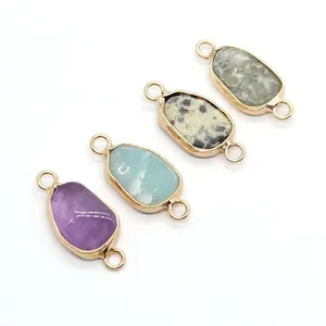 Natural stone connectors 10x24mm with gold rim for jewelry making in four colors