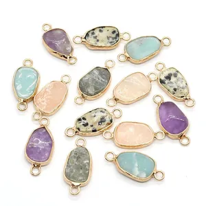 Mixed natural stone pendants with gold-plated edges and double loops for DIY jewelry