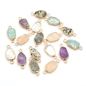 Natural stone double-hole connector charms with gold plated edges for DIY jewelry making