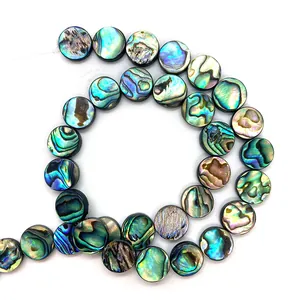 Flat round natural paua shell beads with colorful iridescent luster for DIY jewelry