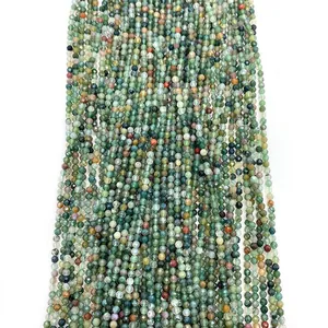 Natural India Agate Faceted Round Loose Beads For DIY Jewelry Making Mixed Green Moss Pattern Natural Stone Beads