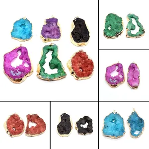 Pendentif en Pierre Naturelle Géode Druzy Cristal Forme Irrégulière Avec Bordure Plaqué Or Breloque Agate pour Création de Bijoux Collier DIY