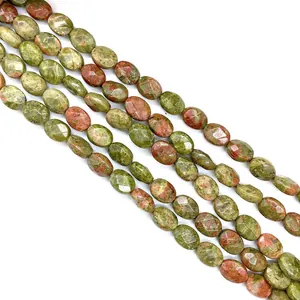 Perles ovales à facettes en pierre naturelle Unakite pour bijoux DIY, vert et rouge