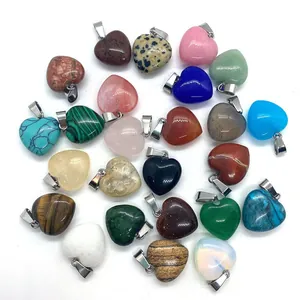 Polished heart-shaped natural gemstone pendants in multiple colors with metal loops