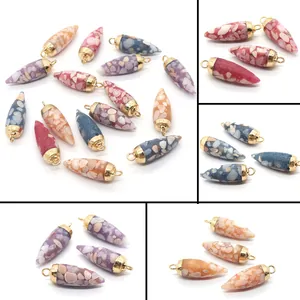 Pendentifs en Pierre Turquoise Fleur Forme de Balle Accessoires Bijoux DIY Capuchon en Alliage Doré Charmes Coniques Pour Collier