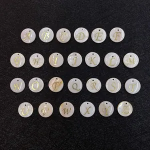 26pcs round natural shell pendants with gold letter engravings for DIY jewelry making