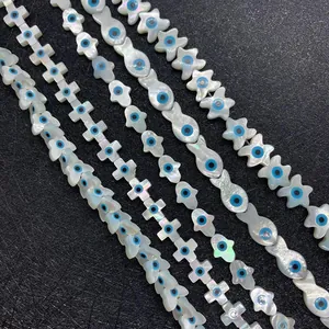 Natural white shell beads with devil eye in star, cross, fish and hand shapes for DIY jewelry