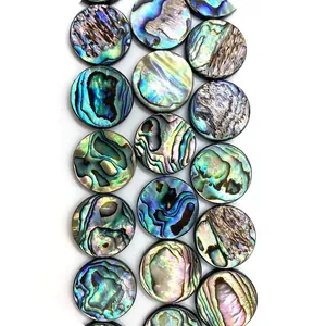 Polished natural abalone shell round flat beads with iridescent texture for jewelry DIY