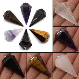 Pendentif Hexagonal en Pierre Naturelle Améthyste Quartz Rose Obsidienne Oeil de Tigre Cristal Pendule Bijoux DIY