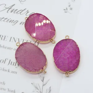 Conector de Colgante Ovalado de Piedra Natural Rojo Rosa Borde de Aleación Chapado en Oro Doble Bucle Para Joyería DIY Regalo
