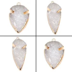 Pendentif Pointe de Flèche en Cristal Blanc Naturel Bordure Dorée Breloques Forme de Feuille pour la Création de Bijoux DIY