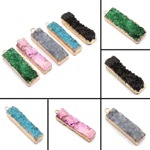 Natural Stone Druzy Crystal Cluster Pendant Only Without Chain Rectangular Gold Plated Edge DIY Jewelry Necklace Accessory
