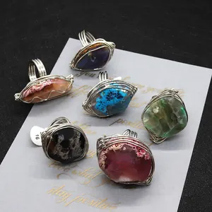 Handmade wire wrapped natural agate rings set in assorted colors with bohemian style