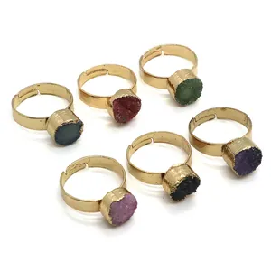Set of 6 adjustable gold-plated rings featuring 10mm natural round crystal druzy stones