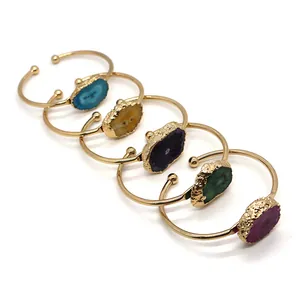 Bracciale Rigido Vintage in Pietra Naturale Agata per Donna Cristallo Grezzo Irregolare Galvanizzato Polsino Regolabile Gioielli Bohemian Regalo