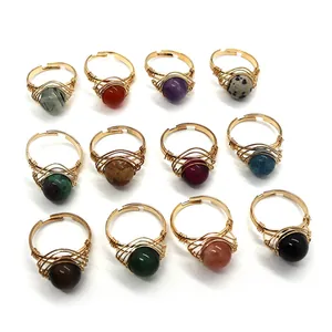 Bagues artisanales en fil doré avec perles de pierres naturelles de 10mm set