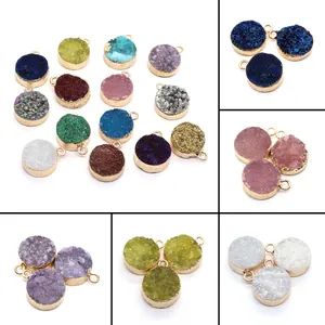 Pendentifs Druzy Ronds en Pierre Naturelle Avec Bord en Cuivre Plaqué Or Accessoire DIY Pour Colliers Boucles d'Oreilles Femme