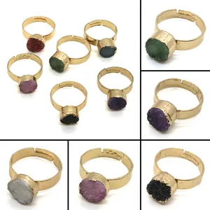 Vintage Natural Stone Druzy Adjustable Open Ring For Women Men Gold Silver Plated Circular Geometric Finger Ring Party Jewelry