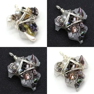 Handmade Irregular Baroque Freshwater Pearl Hand Wire Wrapped Silver Wire Resin Druzy Cluster Pendant For Jewelry Making DIY Necklace Accessories Women