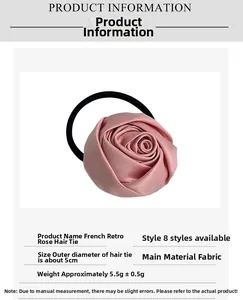 Pink satin rose hair scrunchie dimensions showing 5cm diameter and 5.5g weight detail