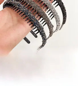 Close-up of non-slip rhinestone headbands with fine teeth in four elegant colors