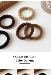 Detailed view of neutral elastic hair ties showing knit texture and earth tone colors
