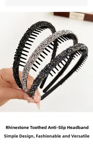 Close-up of non-slip rhinestone headbands in black, silver and navy blue with teeth