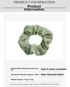 Detailed specifications of green fabric scrunchie with 10cm diameter and product info