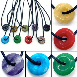 Natural Stone Donut Pendant Necklace For Women Men Adjustable Black Cord Woven Rope Healing Crystal Pi Disc Gemstone Jewelry Gift