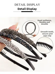Detail view of flexible non-slip crystal headbands with smooth teeth and sparkling rhinestones