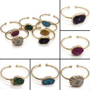 Brazalete Abierto de Cobre Chapado en Oro Con Ágata Natural Cristal Druzy Piedra Irregular Joyería Bohemia para Mujer