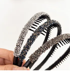 Detail of non-slip plastic headbands featuring sparkling rhinestones in three colors