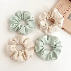 Set of 4 rhinestones scrunchies in green and cream cotton fabric for elegant ponytail