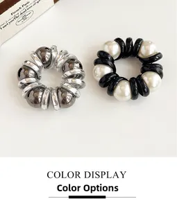 Detailed color selection showing silver and pearl spiral elastic hair ties set