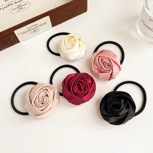 French Vintage Satin Rose Flower Hair Scrunchies High Elasticity Ponytail Holder For Women Elegant Hair Ties Accessories