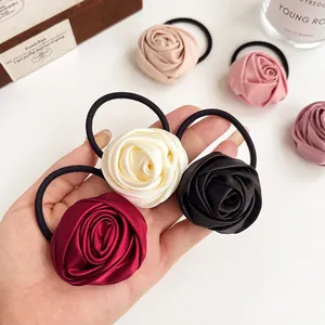 Elegant satin rose flower hair scrunchies in multiple colors with high elasticity band