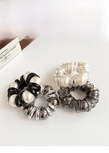Set of high-elasticity telephone cord hair ties with elegant faux pearl accents